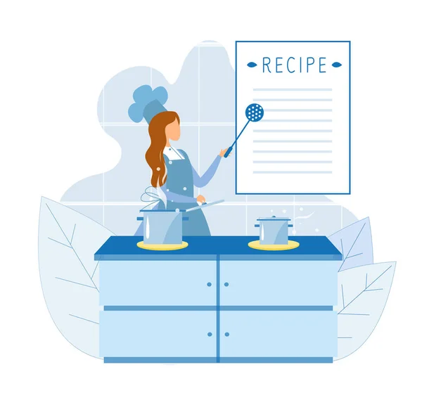 Chef utilizzando la ricetta per cucinare su corsi di cucina — Vettoriale Stock