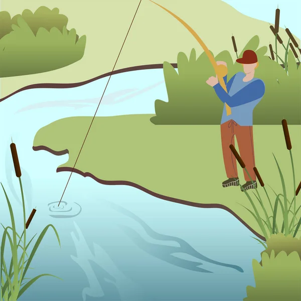 Hombre Pesca en el lago Dibujos animados Vector Ilustración — Vector de stock