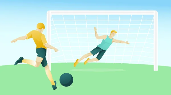 Hombres personajes jugando al fútbol en el campo de fútbol — Vector de stock