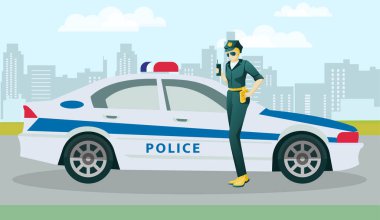 Memur Kadın Karakter ve Polis Arabası Sokakta