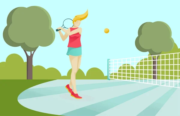 Active Sporty Girl Playing Tennis on Court in Park — Stock Vector