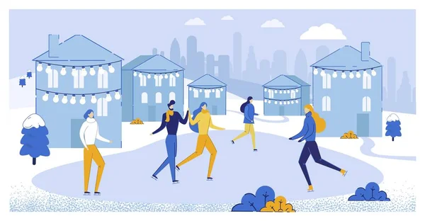 Couple and Friends Characters on Rink Ice Skating. — Stock Vector