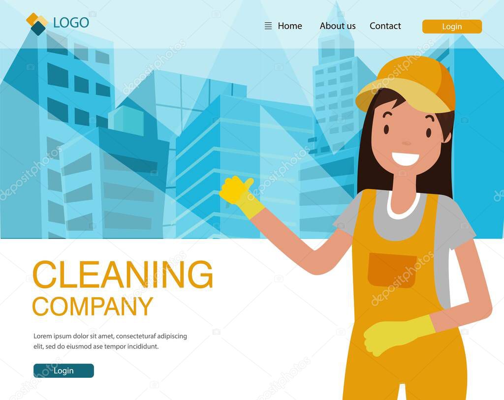 Cleaning Company Landing Page Flat Cartoon Vector Illustration. Woman Cleaner in Uniform and Gloves on Building Background Website Design. Doing Household Chores at House, Office. Smiling Character.