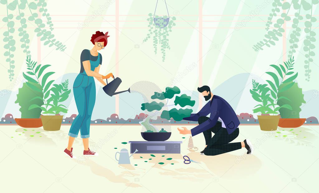 Man and Woman Watering Tree in Pot Illustration
