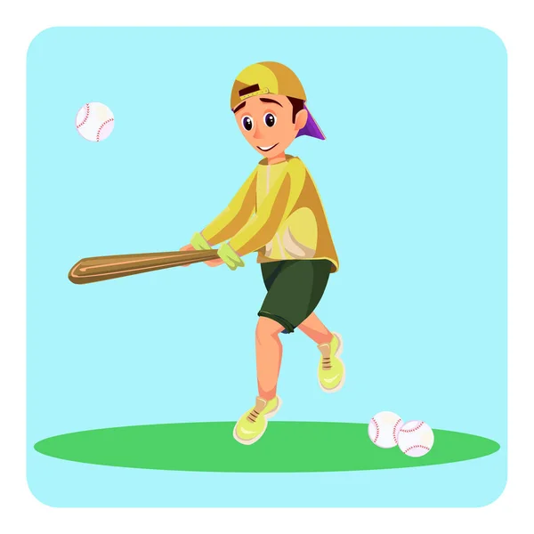 Muchacho de dibujos animados celebrar béisbol murciélago golpear bola niño jugar — Archivo Imágenes Vectoriales