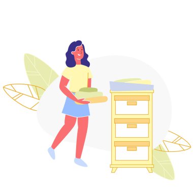 Gülümseyen Kız Göğsünde Yığınla Elbise Katlıyor. Vektör.