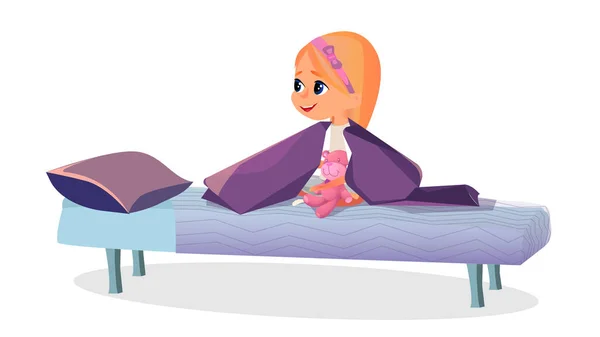 Cartoon Little Girl in Pajamas with Teddy in Bed