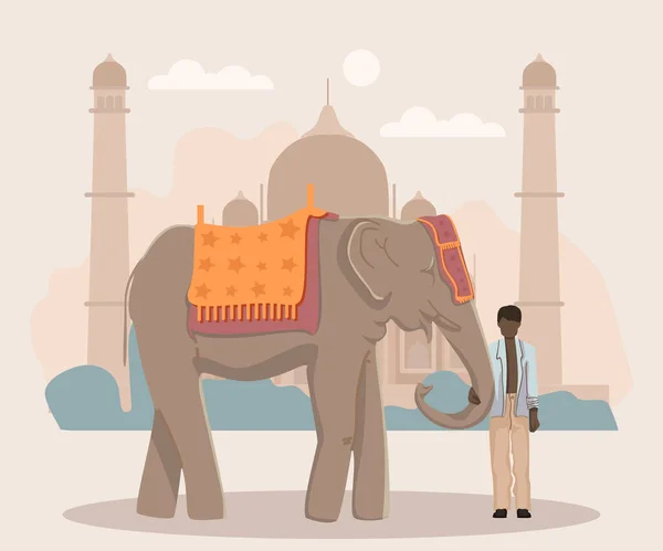 Boy and Elephant on Background Taj Mahal. Índia . — Vetor de Stock