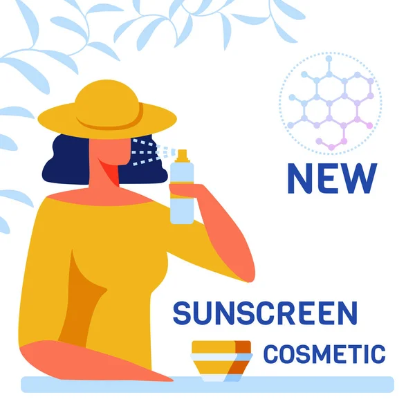 Woman Testing New Sunscreen Skincare Cosmetics — Stock Vector
