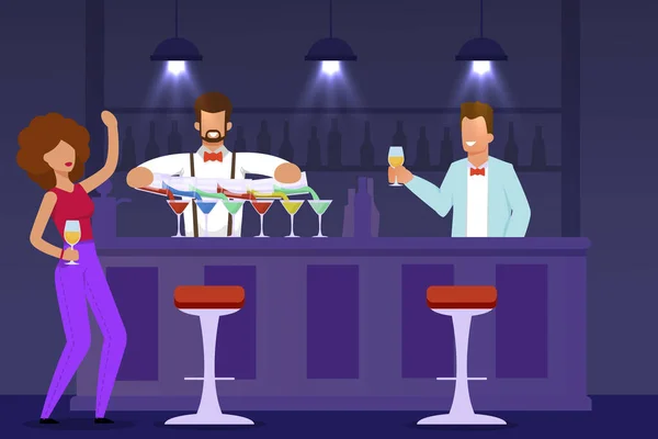 Woman Visitor, Bartender and Waiter at Bar Counter — Stock Vector