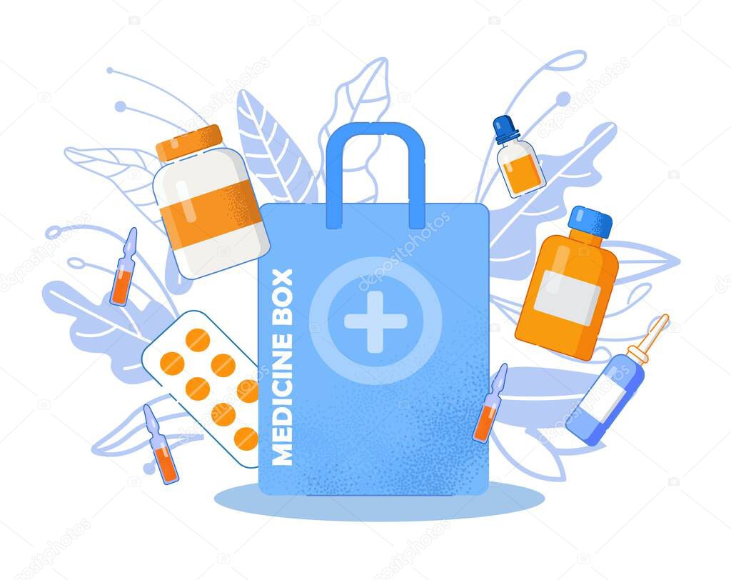Online Pharmacy. Medical Box, Medications, Pills