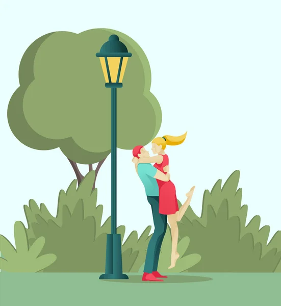 Pareja joven enamorada besándose y abrazándose en el parque — Vector de stock