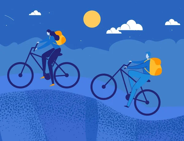 Desenhos animados pessoas na noite de lua romântica Passeio de bicicleta —  Vetores de Stock