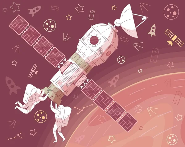 Űrhajós öltöny javítás űrhajó a világűrben — Stock Vector