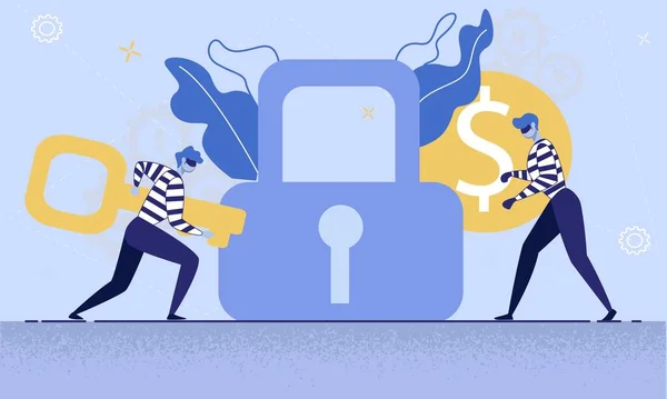 Breaking Security System, illegaler Zugriff auf persönliche, vertrauliche Informationen, Geschäftsdaten, Diebstahl von Geld Online Trendy Flat Vector Concept. Dieb mit Maske entriegelt Vorhängeschloss mit Schlüsselanhänger — Stockillustration Illegaler Zugriff auf personenbezogene Daten — Stockvektor