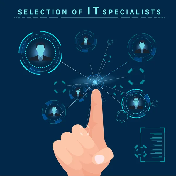 Selección de especialistas en TI. Clics de dedo en el monitor — Vector de stock