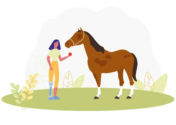 Cartoon Woman with Prosthetic Leg Feed Apple Horse — Stock Vector