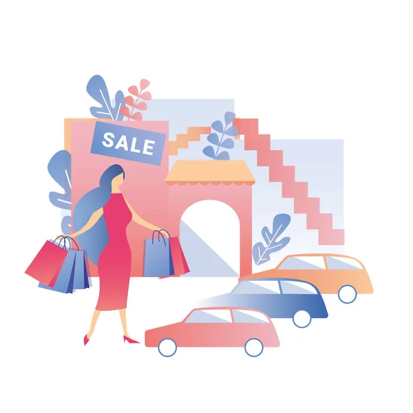 Woman with Shopping Bags Stands on Shop Parking — Stock Vector