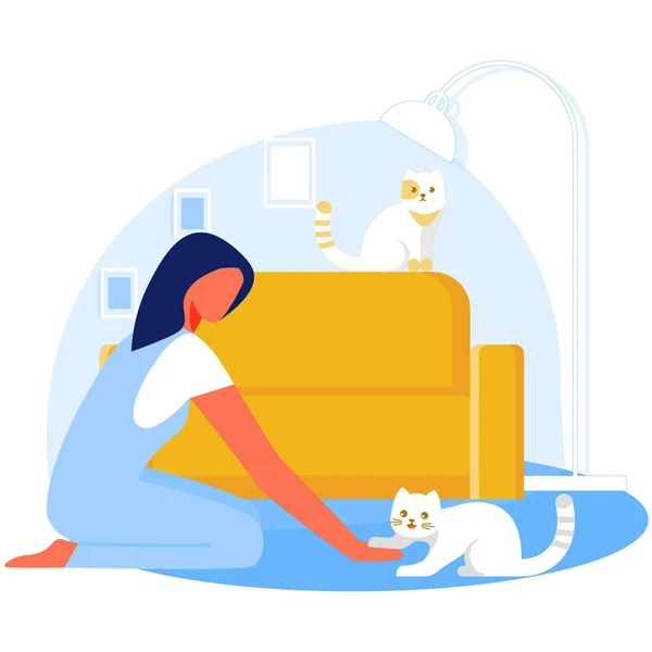 Жінка грає з котом у вітальні, розслабляється . — стоковий вектор
