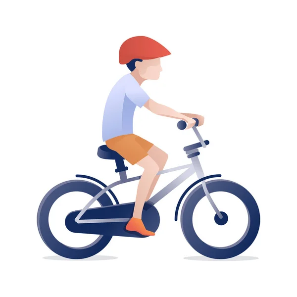 Kasklı Düz Küçük Çocuk Bisiklete Biniyor Yalıtılmış — Stok Vektör