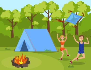 Yaz Kampı Düz Vektör İllüstrasyonunda Çocuklar