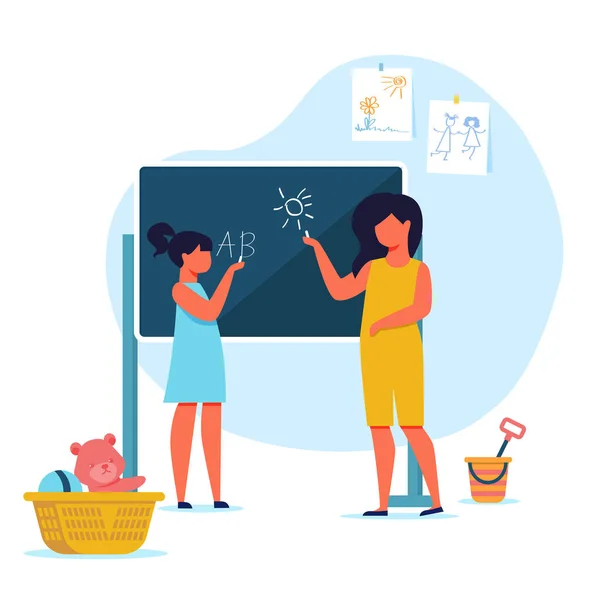 Meisjes spelen met Blackboard Vector Illustratie — Stockvector