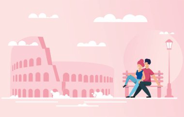 Meşhur Landmark yakınlarındaki Bench 'te Aşk Dinlenme Yeri' nde bir çift.