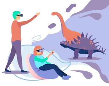 Erkek ve Kadın, VR Paleontoloji Simülasyonunun keyfini çıkartıyor