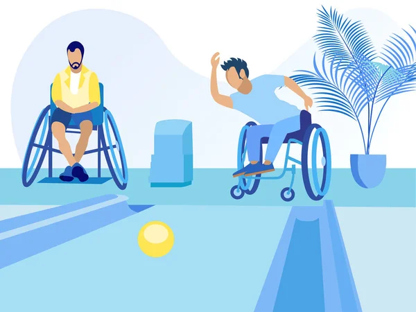 Pessoas com deficiência em cadeira de rodas jogando boliche — Vetor de Stock