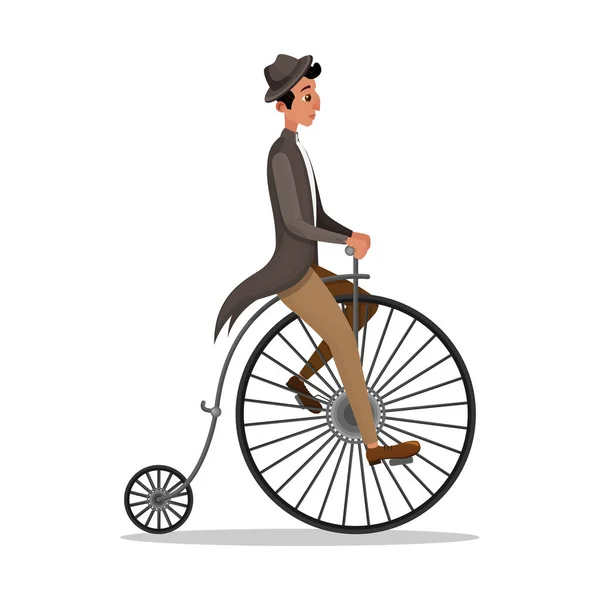 Viktorya Dönemi Adamı Penny Farthing Retro Bisikleti Sürüyor — Stok Vektör