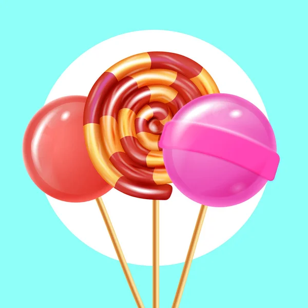 Drie Round Lollipops op Blauwe Achtergrond. Vector. — Stockvector