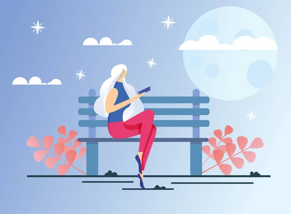 Mujer absorbida en la lectura, sentada en el banco del parque — Vector de stock