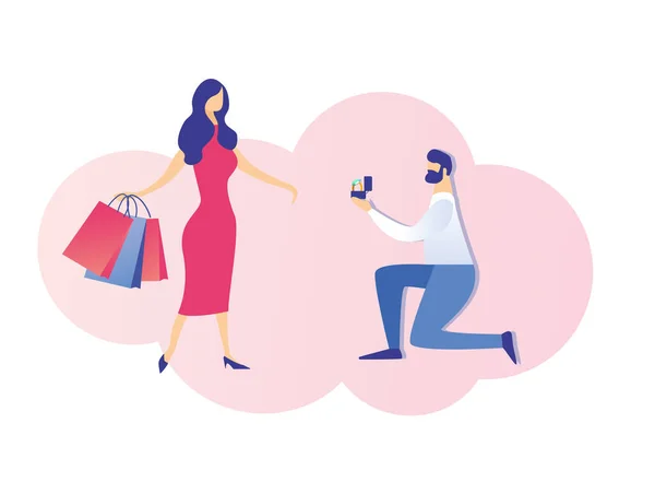 Hombre, Hacer propuesta a la mujer con bolsas de compras — Vector de stock