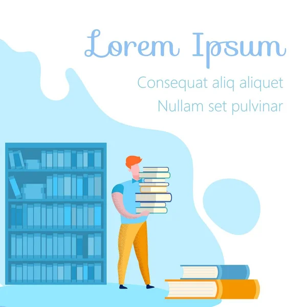 Человек в жёлтых штанах с книгами в библиотеке. Текст . — стоковый вектор