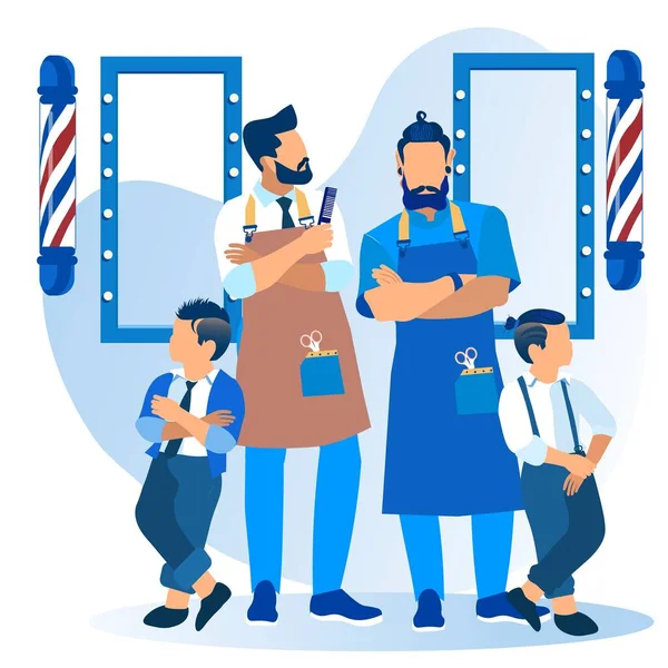 Baba fiúk hűvös frizurával Látogató fodrászat — Stock Vector