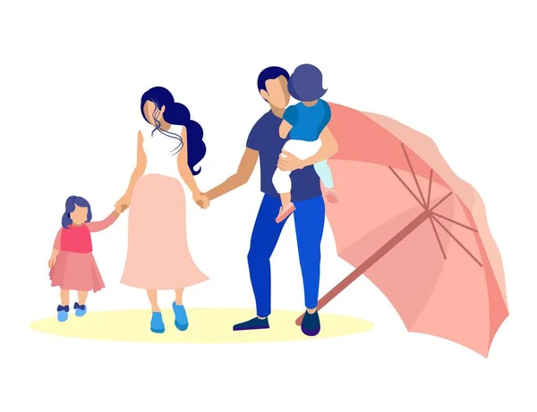 Femme et fille et homme avec fils près de parapluie rose — Image vectorielle