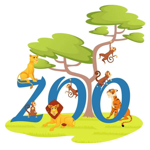 African Animals Walking around Huge Word Zoo. — Stock Vector