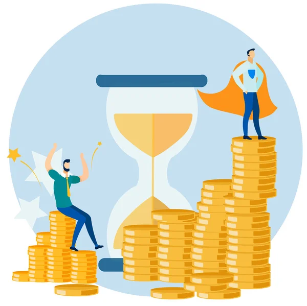 Businessman and Super Hero on Gold Coins Stack — Stock Vector