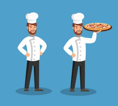 Chef Holding Lezzetli Pizza Düz Vektör İllüstrasyonu