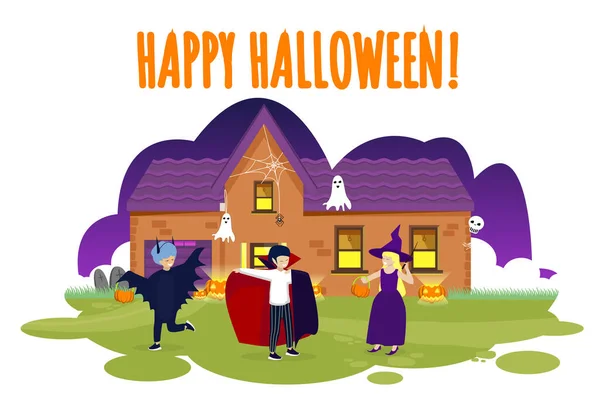 Tarjeta de felicitación feliz Halloween para niños con disfraces — Vector de stock