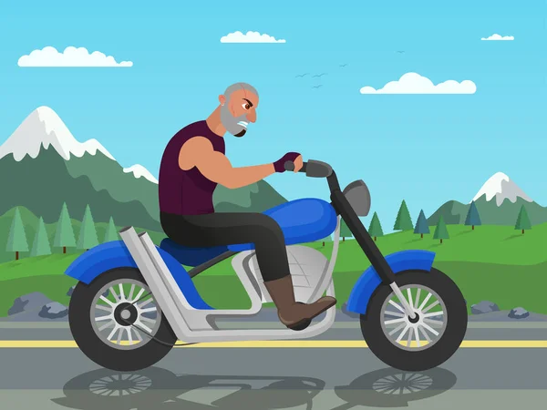 Motocycliste à moto sur la route de paysage de montagne — Image vectorielle