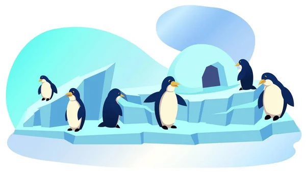 Grupo de pingüinos se paran en el hielo con caseta de hielo — Archivo Imágenes Vectoriales