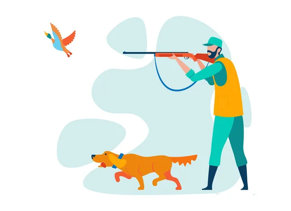 Hunter Shooting Wild Duck personaje de vector plano — Vector de stock