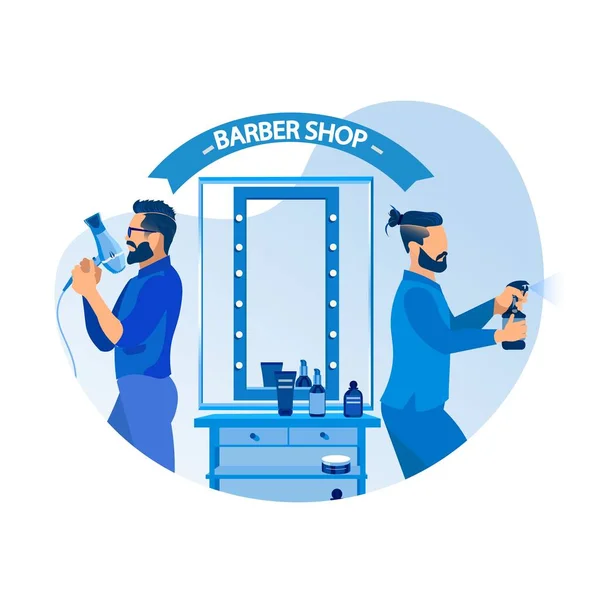 Cool Hipster Barbers posant avec pulvérisateur et ventilateur — Image vectorielle