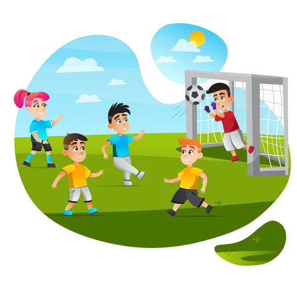 Niño portero guardar objetivo captura pelota partido de fútbol — Vector de stock