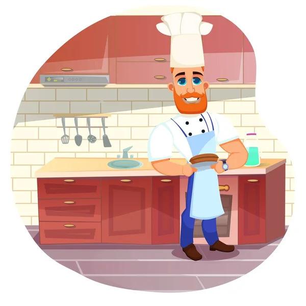 Cuoco sorridente barbuto rossa con piatto firma — Vettoriale Stock