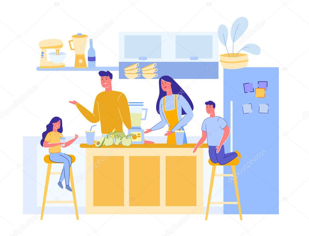 Family Prepare Vegetarian Dinner in Modern Kitchen