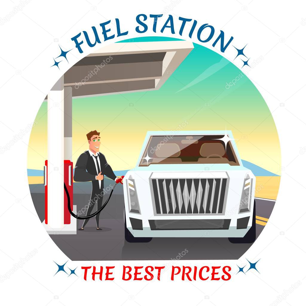 Fuel Station Offering Best Prices for Car Drivers. Logotype and Advertising Poster. Flat Banner with Cartoon Businessman in Formal Suit Pumping Luxury Auto with Petroleum. Vector Illustration