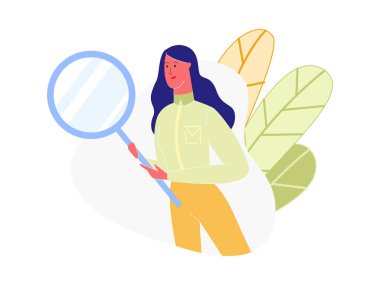 Young Woman Holding Huge Magnifier Glass Analyzing clipart