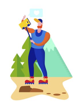 Genç Adam, Doğa Dağı manzarasının selfie 'sini yapıyor.